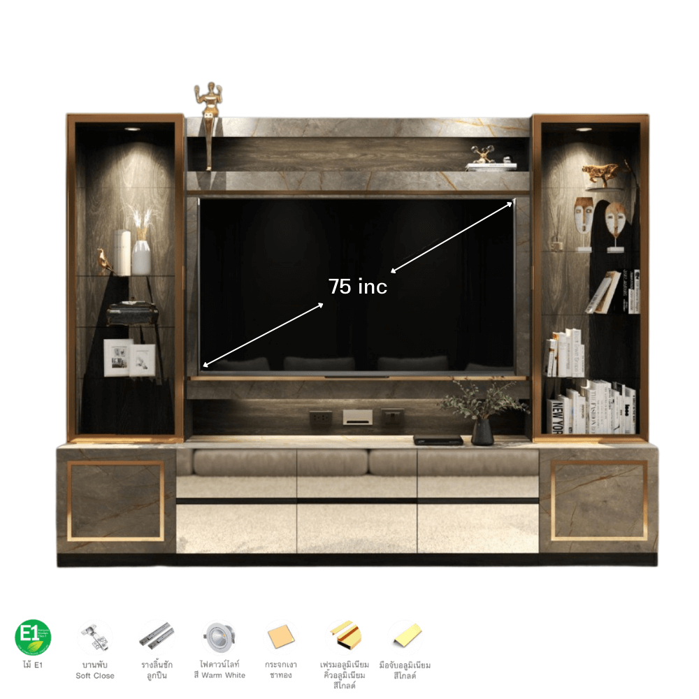 ตู้วางทีวี WISDOM DESIGN FURNITURE รุ่น GT-301 300 ซม. สีขาว/บราวน์มาร์เบิ้ล/โกลด์