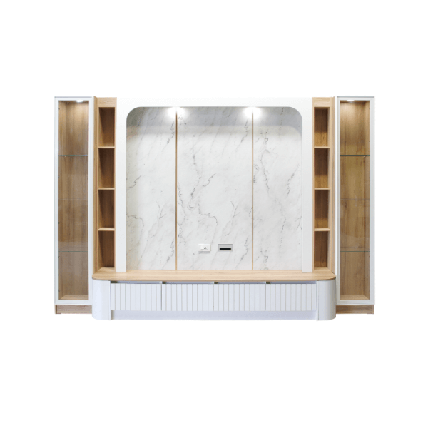 ตู้วางทีวี WISDOM DESIGN FURNITURE รุ่น CHARNA 320 ซม. สีขาว/เนเจอร์วู๊ด/ลายหินขาว