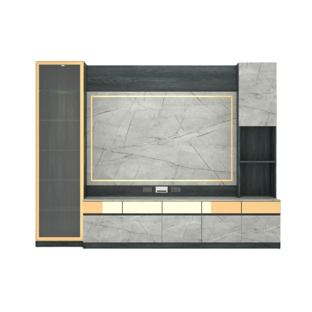 ตู้วางทีวี WISDOM DESIGN FURNITURE รุ่น GT-302 300 ซม. สีแอชเกรย์/ไลท์มาร์เบิ้ล/โกลด์
