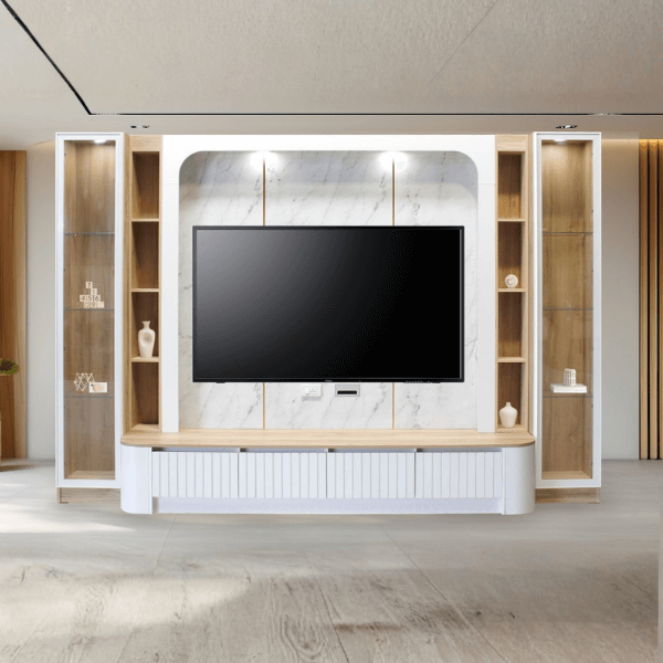 ตู้วางทีวี WISDOM DESIGN FURNITURE รุ่น CHARNA 320 ซม. สีขาว/เนเจอร์วู๊ด/ลายหินขาว