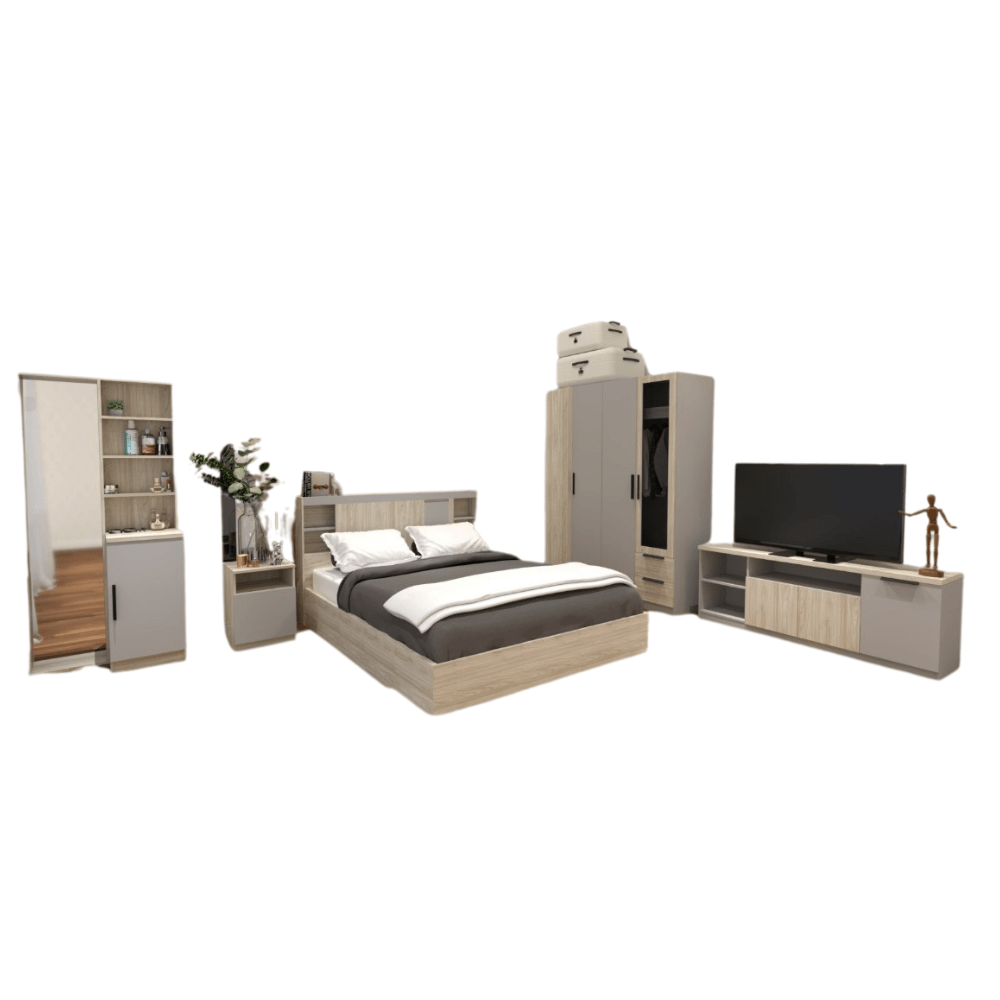 ชุดห้องนอน + ที่นอนสปริง 6 ฟุต WISDOM DESIGN FURNITURE รุ่น VIDA1 สีไวท์โอ๊ค/เทา