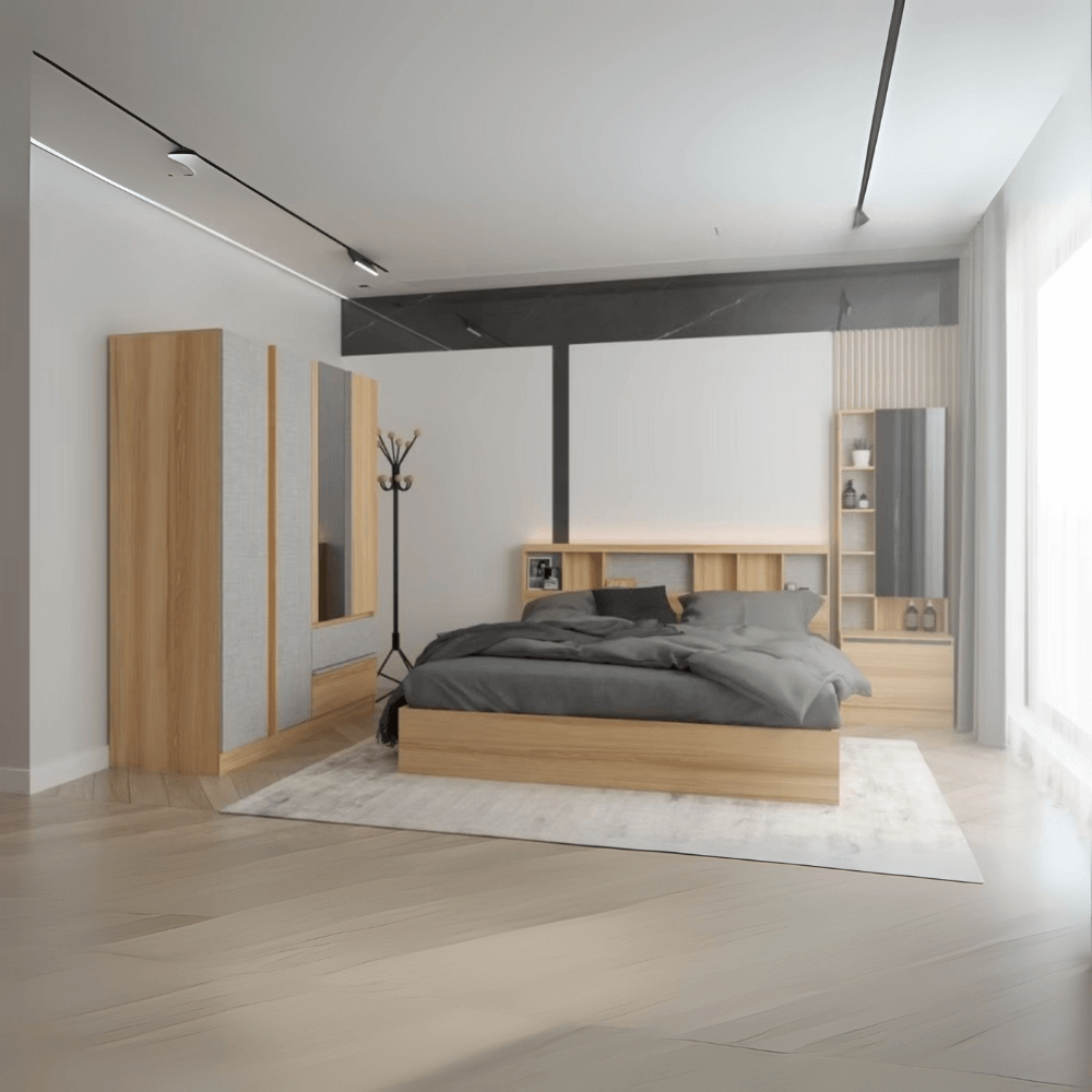 ชุดห้องนอน + ที่นอนสปริง 5 ฟุต WISDOM DESIGN FURNITURE รุ่น TENSHI สีไลท์ยีนส์/แอช