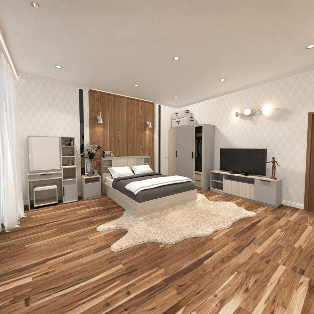 ชุดห้องนอน + ที่นอนสปริง 5 ฟุต WISDOM DESIGN FURNITURE รุ่น VIDA2 สีไวท์โอ๊ค/เทา