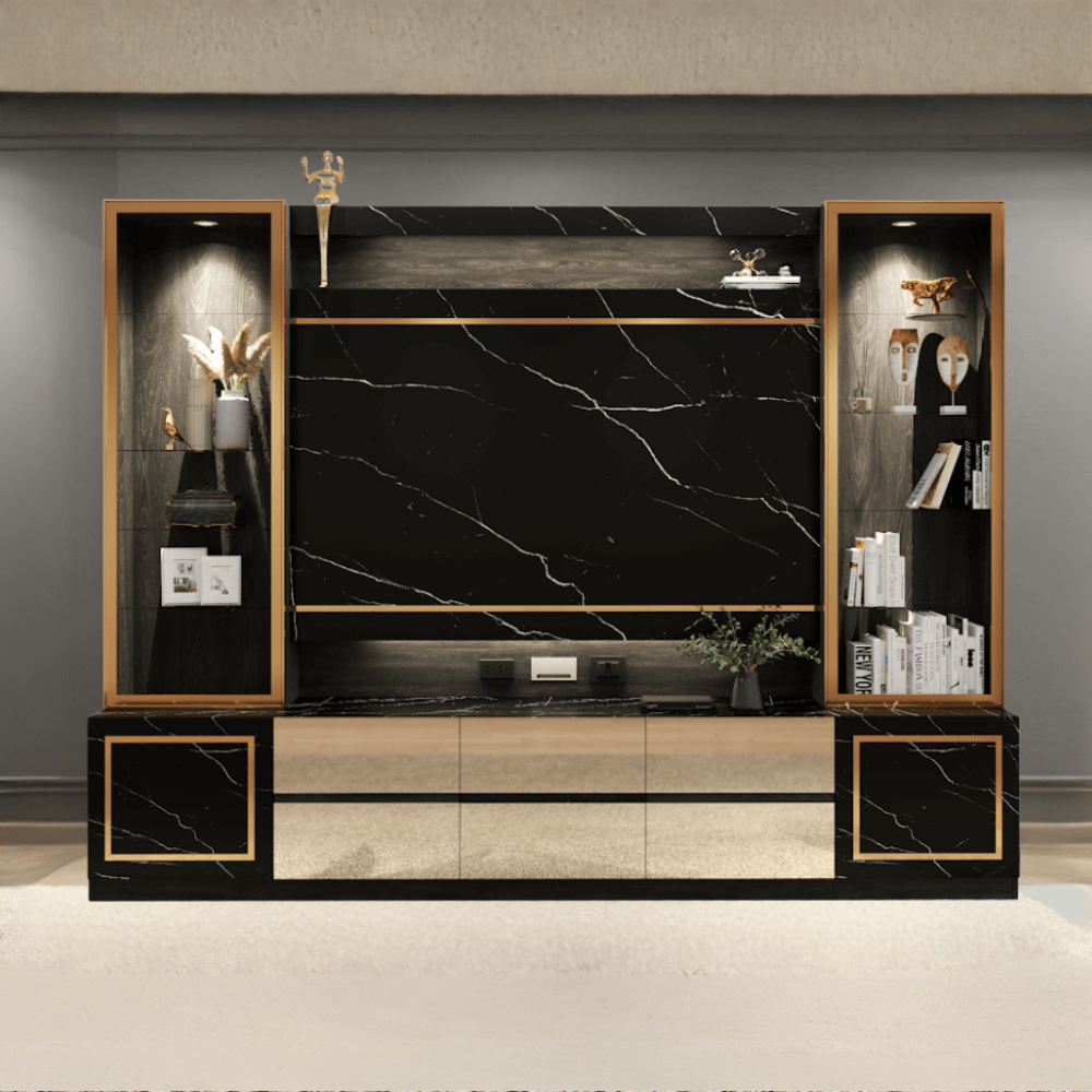 ตู้วางทีวี WISDOM DESIGN FURNITURE รุ่น GT-301 300 ซม. สีแอชเกรย์/ดาร์คมาร์เบิ้ล/โกลด์