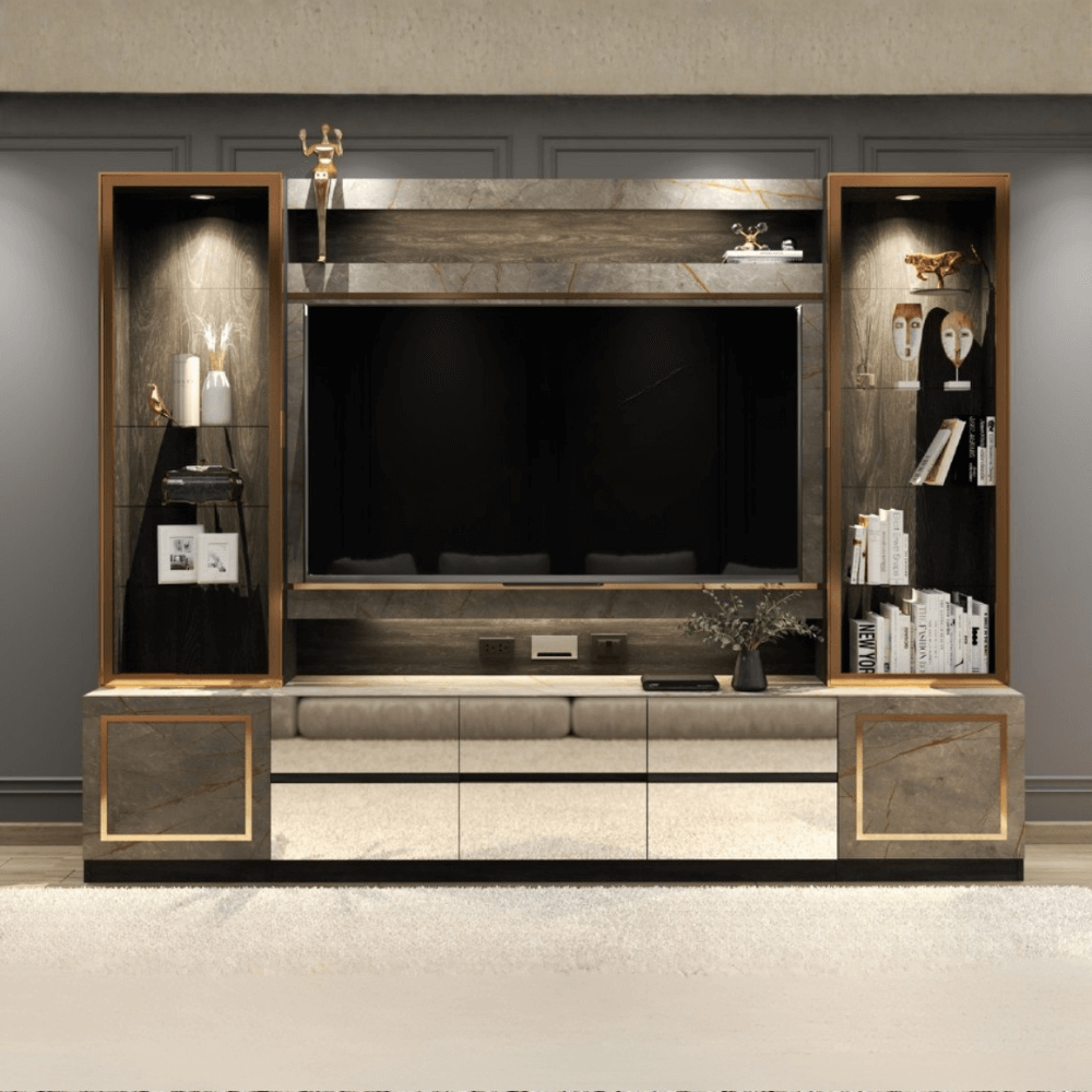 ตู้วางทีวี WISDOM DESIGN FURNITURE รุ่น GT-301 300 ซม. สีขาว/บราวน์มาร์เบิ้ล/โกลด์