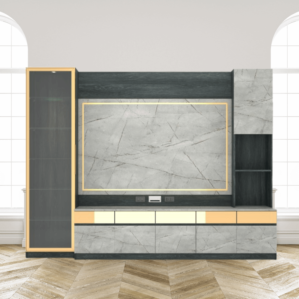 ตู้วางทีวี WISDOM DESIGN FURNITURE รุ่น GT-302 300 ซม. สีแอชเกรย์/ไลท์มาร์เบิ้ล/โกลด์