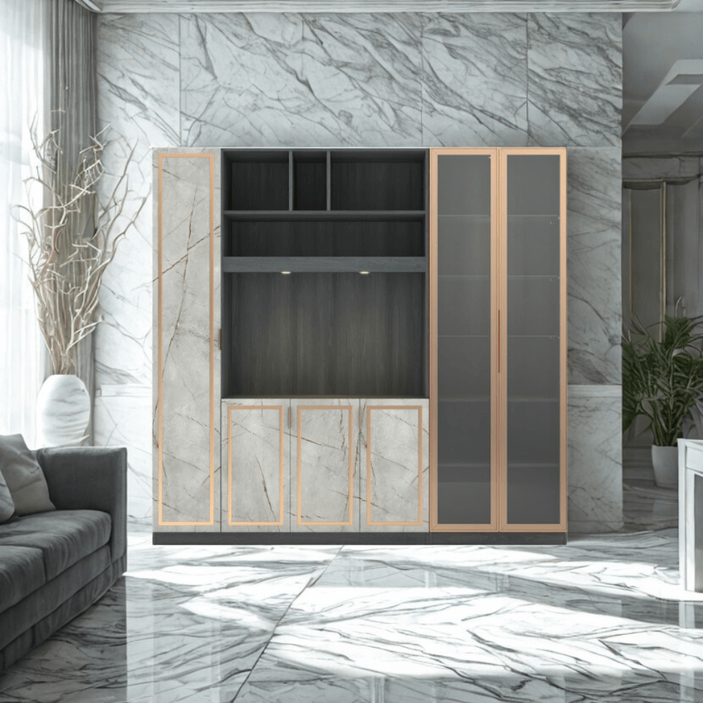ตู้วางทีวี WISDOM DESIGN FURNITURE รุ่น GW-242 240 ซม. สีแอชเกรย์/ไลท์มาร์เบิ้ล/โกลด์
