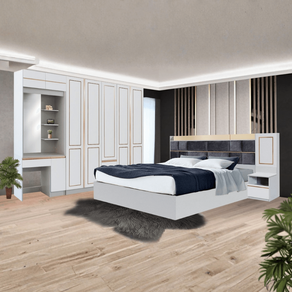 ชุดห้องนอน + ที่นอนสปริง 6 ฟุต WISDOM DESIGN FURNITURE รุ่น BRAELYN 5 สีไลท์ยีนส์/ขาว