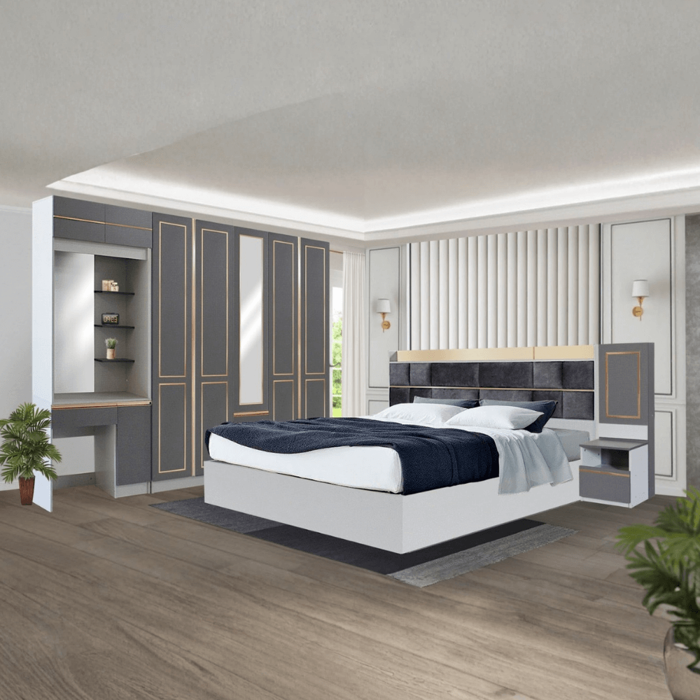 ชุดห้องนอน + ที่นอน PVC 6 ฟุต WISDOM DESIGN FURNITURE รุ่น BRAELYN 5 (กระจก) สียีนส์/กราไฟท์