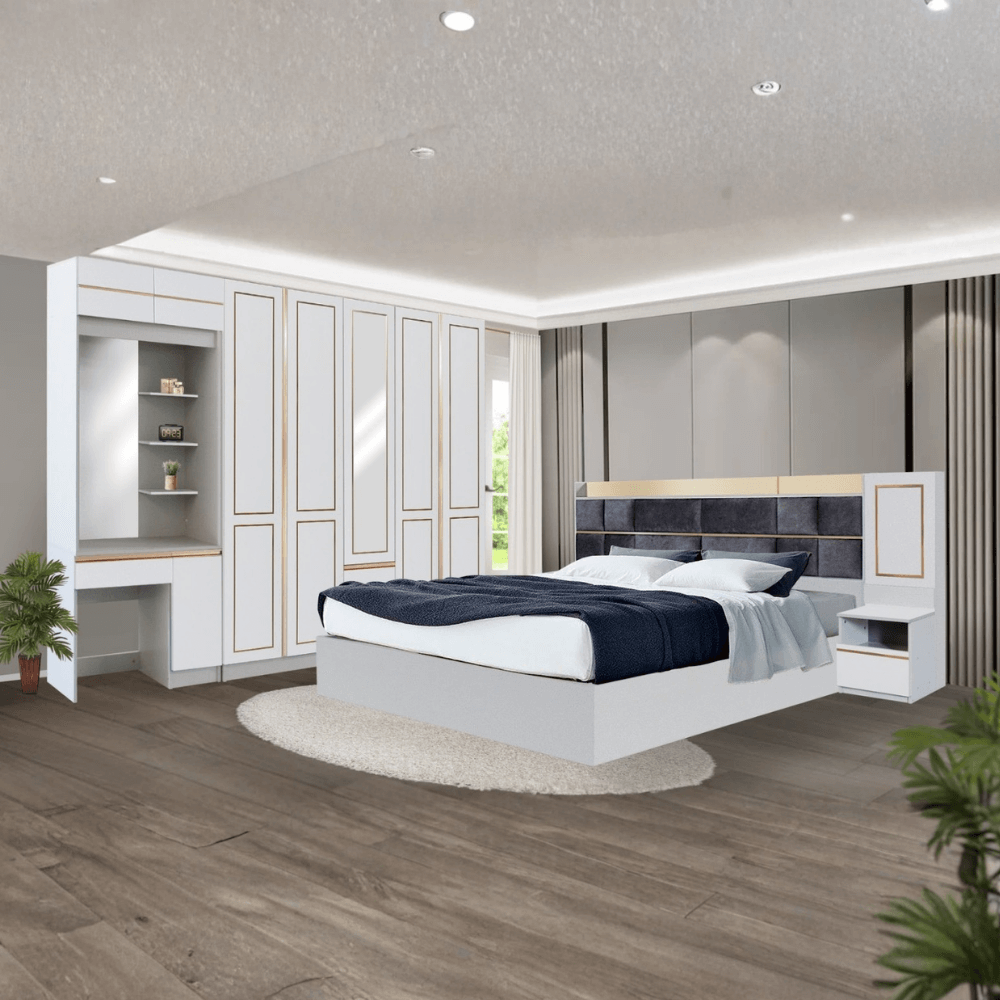 ชุดห้องนอน + ที่นอน PVC 6 ฟุต WISDOM DESIGN FURNITURE รุ่น BRAELYN 5 (กระจก) สีไลท์ยีนส์/ขาว