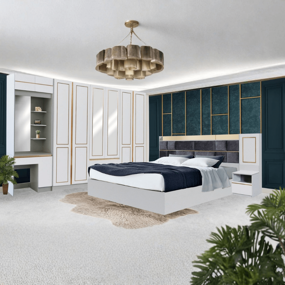 ชุดห้องนอน + ที่นอนสปริง 6 ฟุต WISDOM DESIGN FURNITURE รุ่น BRAELYN 6 (กระจก) สีไลท์ยีนส์/ขาว