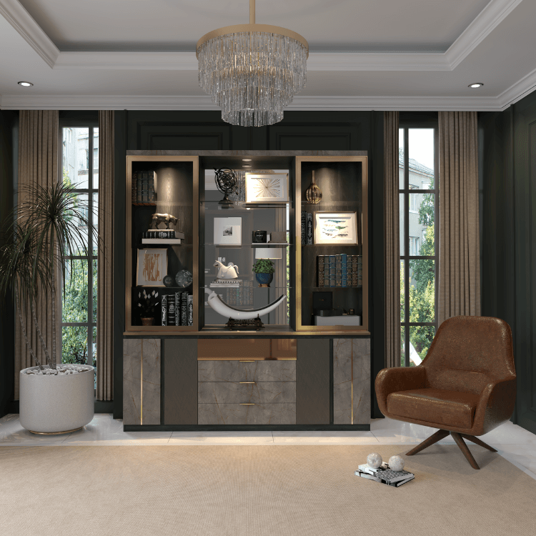 ตู้โชว์กระจก WISDOM DESIGN FURNITURE รุ่น GW-201 200 ซม. สีแอชเกรย์/บราวน์มาร์เบิ้ล