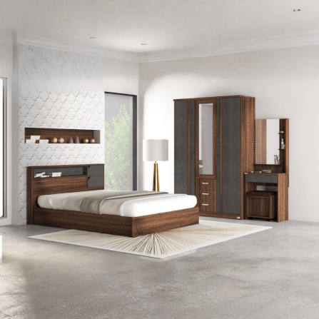 ชุดห้องนอน + ที่นอน 6 ฟุต WISDOM DESIGN FURNITURE รุ่น BENNER สี วอลนัท/กราไฟท์_1