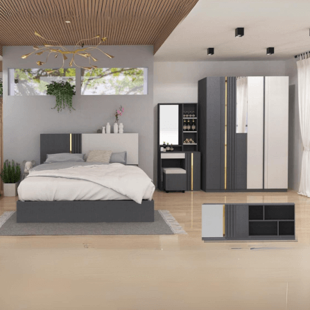 ชุดห้องนอน + ที่นอน 6 ฟุต WISDOM DESIGN FURNITURE รุ่น MARTIN สี เทา_1