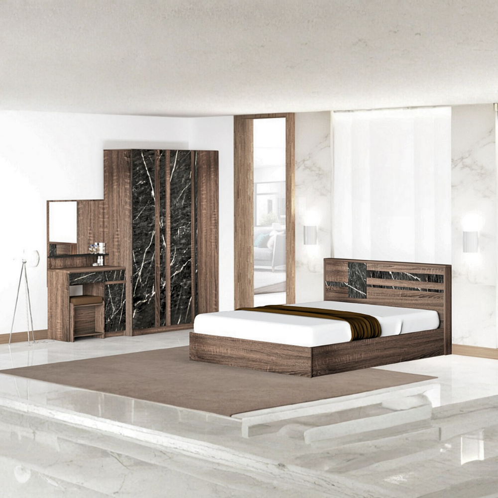 ชุดห้องนอน + ที่นอนสปริง 6 ฟุต WISDOM DESIGN FURNITURE รุ่น GALAXY สี วอลนัท/หิน_8