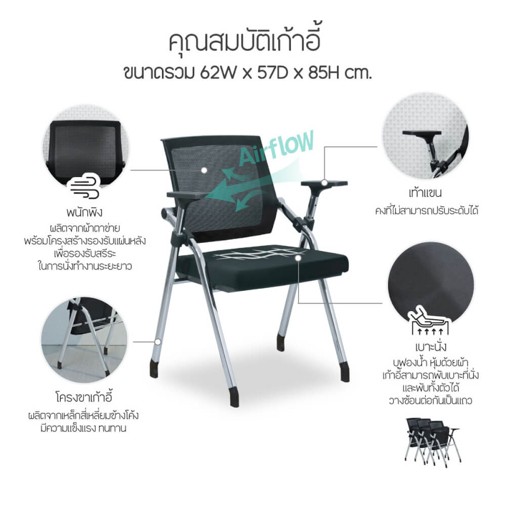 เก้าอี้สำนักงาน NSBOFFICE รุ่น RYKER ขาเหล็กชุบโครเมียม พับได้ สีดำ