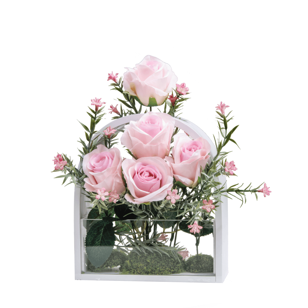 ดอกกุหลาบประดิษฐ์ผ้า จัดในแจกัน JGLORYFLOWER สีชมพู