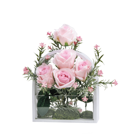 ดอกกุหลาบประดิษฐ์ผ้า จัดในแจกัน JGLORYFLOWER สีชมพู_0