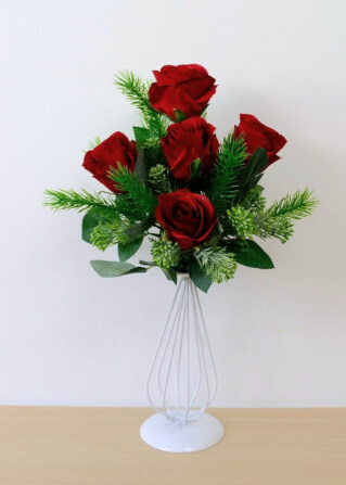 ดอกกุหลาบประดิษฐ์ผ้าในแจกัน  JGLORYFLOWER  แจกันเส้นเหล็กดัดสีขาว รูปทรงเชิงเทียน  กุหลาบสีแดง_4