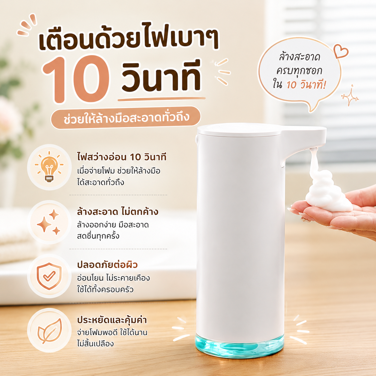เครื่องจ่ายสบู่โฟมอัตโนมัติ STARA รุ่น AIRY WHITE ระบบเซนเซอร์ไว 0.25 วินาที กันน้ำ IPX5 ชาร์จไฟได้ ไม่ต้องสัมผัส