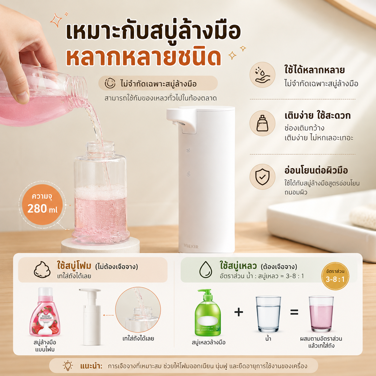 เครื่องจ่ายสบู่โฟมอัตโนมัติ STARA รุ่น AIRY WHITE ระบบเซนเซอร์ไว 0.25 วินาที กันน้ำ IPX5 ชาร์จไฟได้ ไม่ต้องสัมผัส