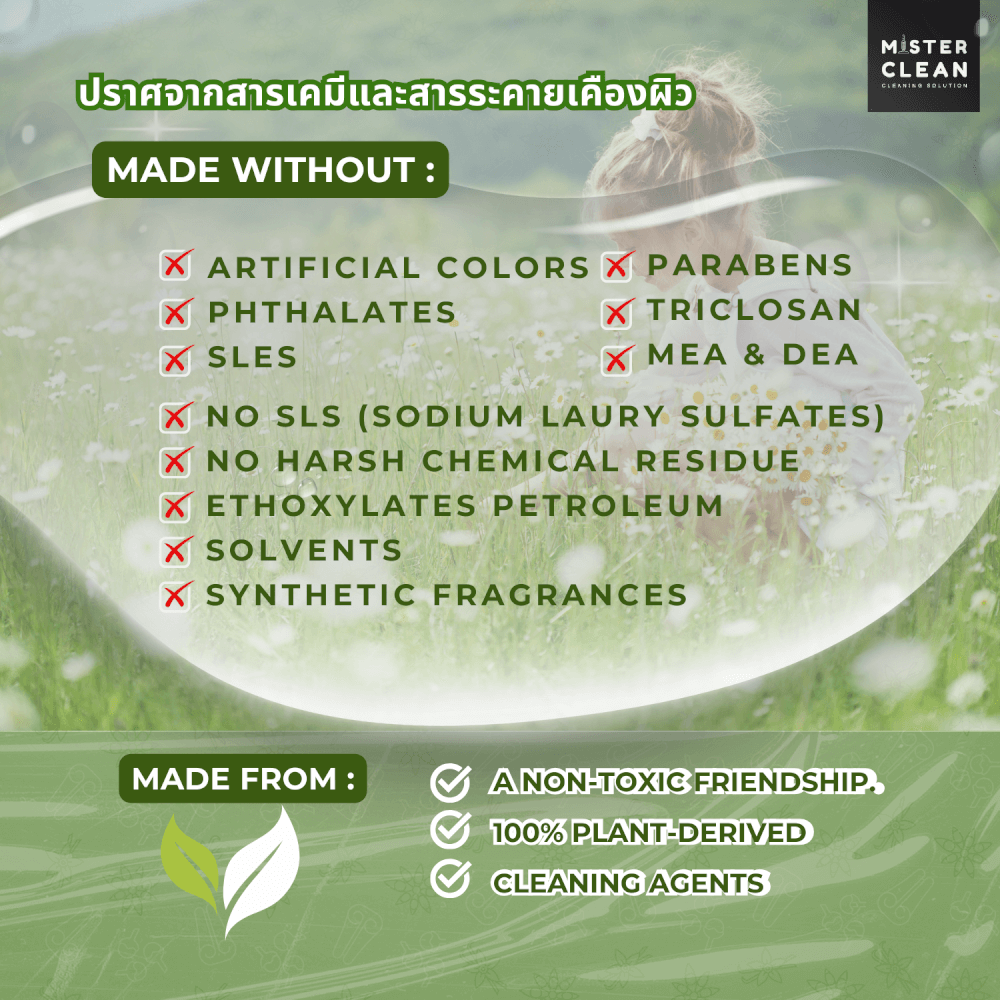 น้ำยาล้างจาน MISTER CLEAN DISHWASHER สูตร PLANT-POWERED อ่อนโยน ปลอดภัย ขจัดคราบมันได้ดี