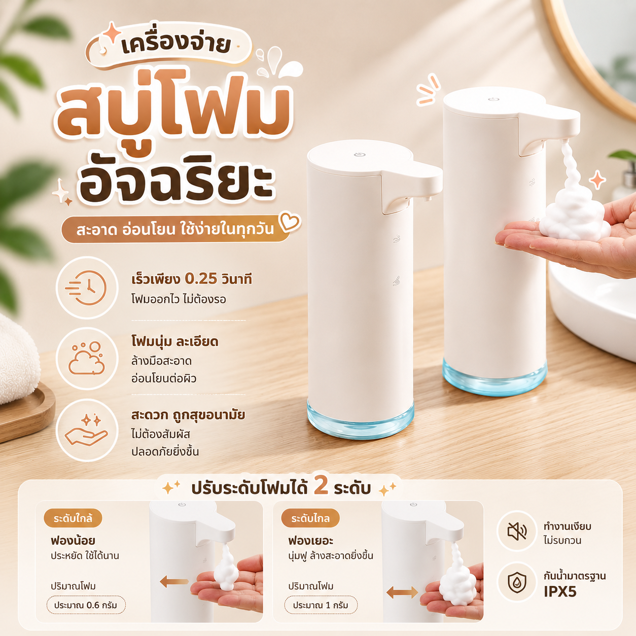 เครื่องจ่ายสบู่โฟมอัตโนมัติ STARA รุ่น AIRY WHITE ระบบเซนเซอร์ไว 0.25 วินาที กันน้ำ IPX5 ชาร์จไฟได้ ไม่ต้องสัมผัส