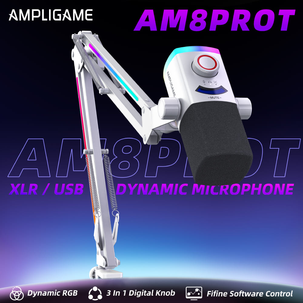 ไมโครโฟนไดนามิก FIFINE AM8PROT DYNAMIC MIC WITH BOOM ARM สีขาว
