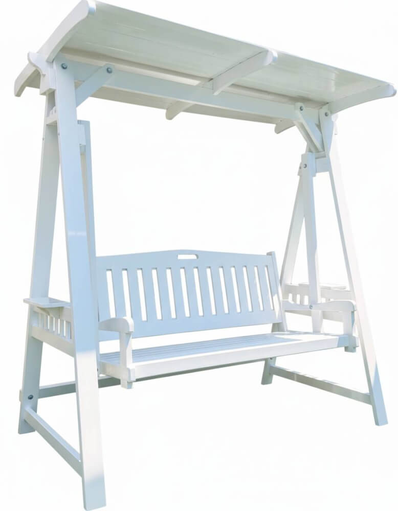 ชิงช้า 3 ที่นั่ง WINAIFURNITURE สีขาว 200 CM หลังคาระแนงไม้ แขนหิ้วไม้_0