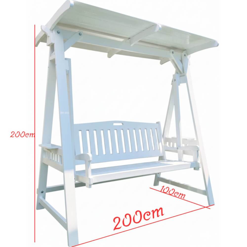 ชิงช้า 3 ที่นั่ง WINAIFURNITURE สีขาว 200 CM หลังคาระแนงไม้ แขนหิ้วไม้_3