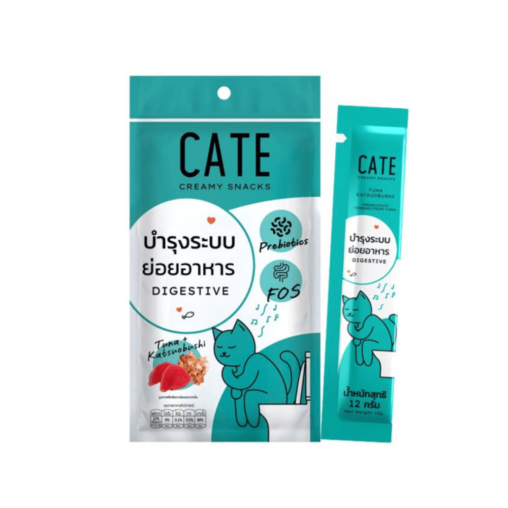 ขนมแมวเลีย CATE รสทูน่าผสมคัตซึบูชิ สูตรบำรุงระบบทางเดินอาหาร 12 กรัม ( 1 แพ็ค 4 ชิ้น)