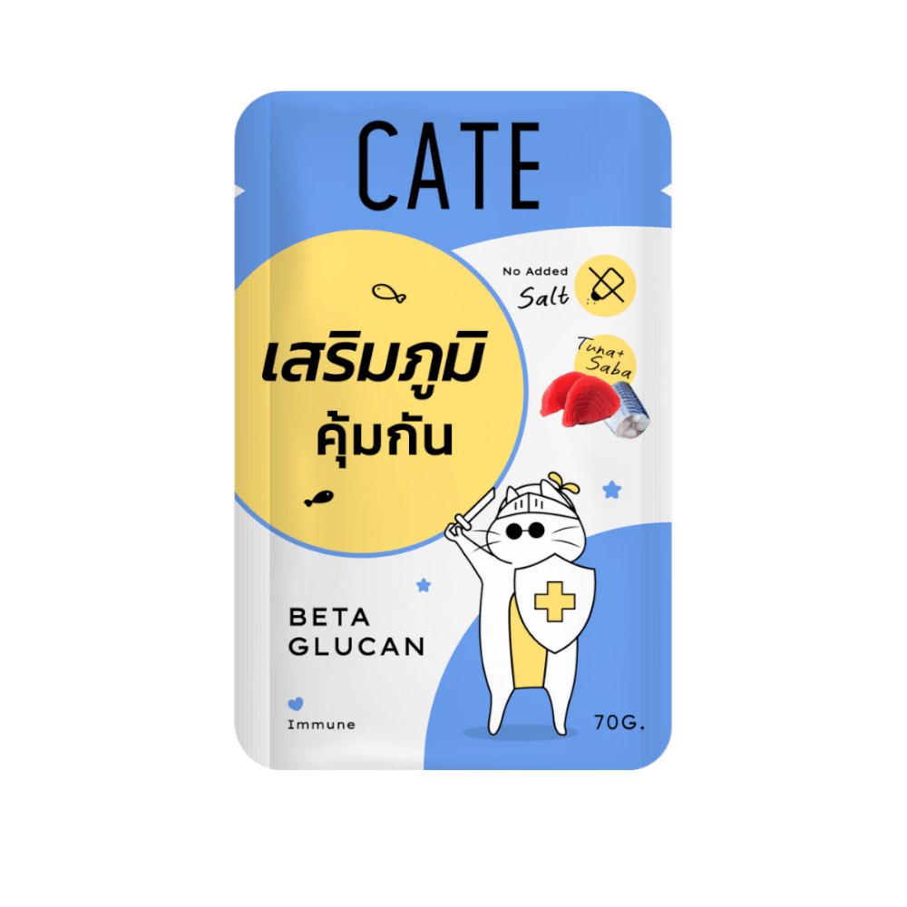 อาหารเปียกแมว CATE รสทูน่าและปลาซาบะ ในซอฟท์เจลลี่ สูตรเสริมภูมิคุ้มกัน มี BETA GLUCAN 1 ซอง 70G.