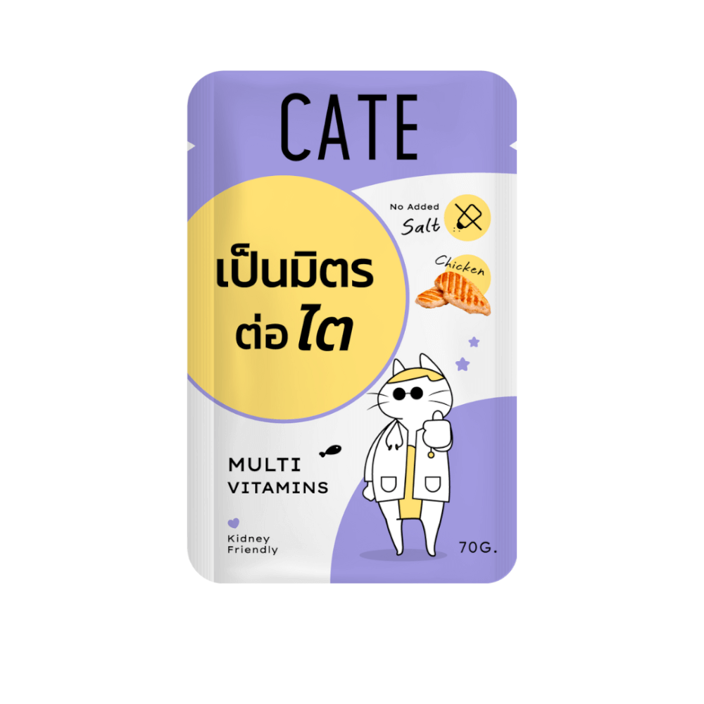 อาหารเปียกแมว CATE รสไก่ ในซอฟท์เจลลี่ สูตรเป็นมิตรต่อไต มีวิตามินรวม 1 ซอง 70G.