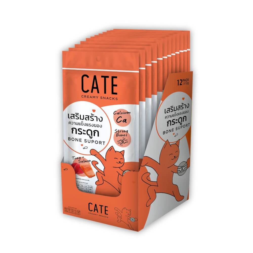 ขนมแมวเลีย CATE รสทูน่าและแซลมอน สูตรเสริมสร้างกระดูกผสมแคลเซียม 12 กรัม (ยกโหล 12 แพ็ค 48 ชิ้น)_0