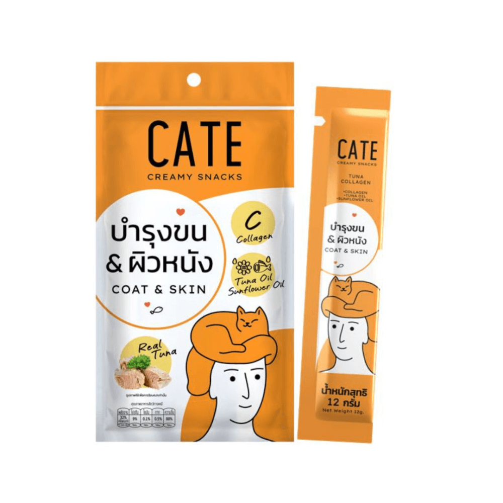ขนมแมวเลีย CATE รสทูน่าผสมคอลลาเจน สูตรบำรุงผิวหนังและเส้นขน 12 กรัม ( 1 แพ็ค 4 ชิ้น)_0