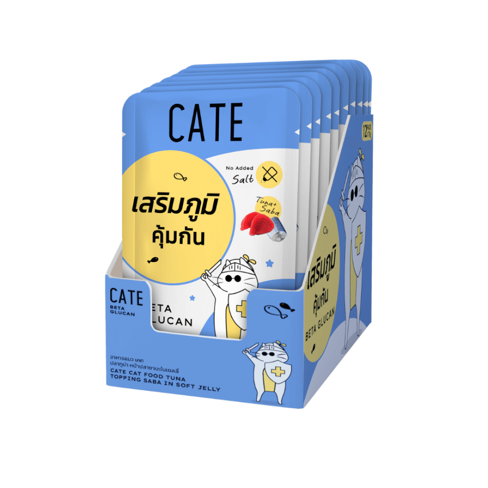 อาหารเปียกแมว CATE รสทูน่าและปลาซาบะ ในซอฟท์เจลลี่ สูตรเสริมภูมิคุ้มกัน มี BETA GLUCAN (ยกโหล 12 ซอง 70G.)_0
