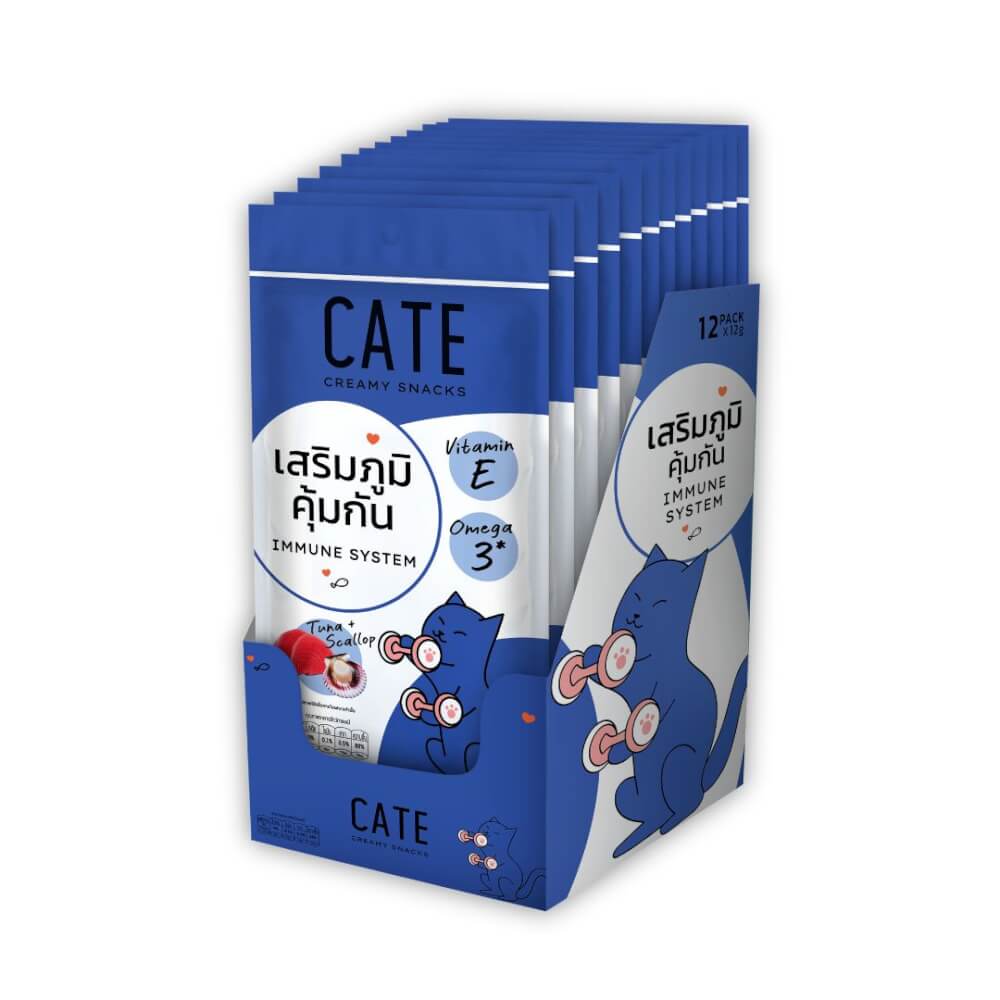 ขนมแมวเลีย CATE รสทูน่าและหอยเชลล์ สูตรเสริมระบบภูมิคุ้มกันผสมวิตามินอี 12 กรัม (ยกโหล 12 แพ็ค 48 ชิ้น)_1