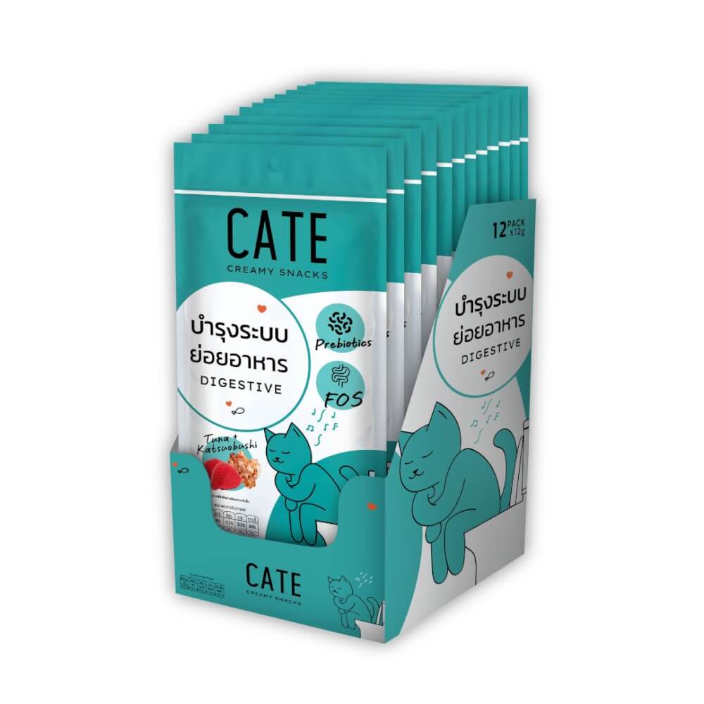 ขนมแมวเลีย CATE รสทูน่าผสมคัตซึบูชิ สูตรบำรุงระบบทางเดินอาหาร 12 กรัม (ยกโหล 12 แพ็ค 48 ชิ้น)_1