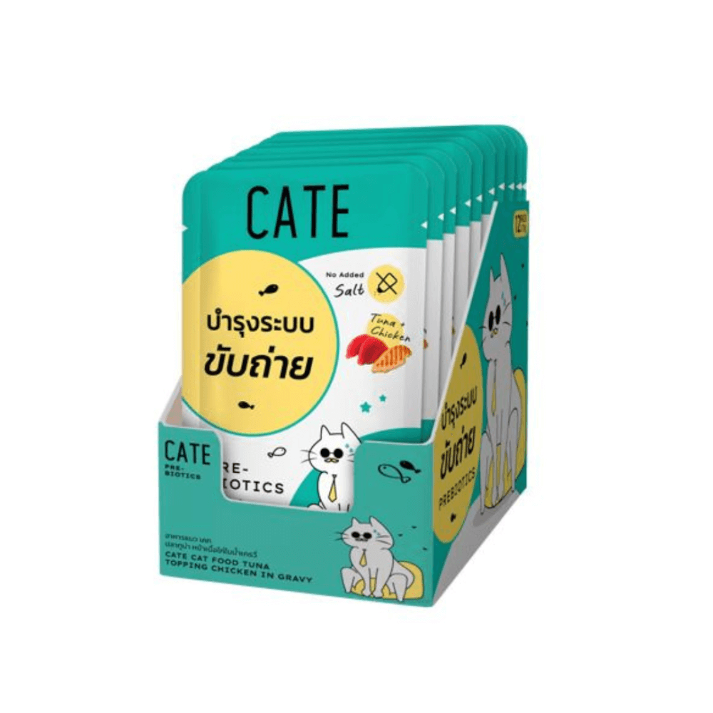 อาหารเปียกแมว CATE รสทูน่าและไก่ ในน้ำเกรวี่ สูตรบำรุงระบบย่อยอาหาร มี PREBIOTICS (ยกโหล 12 ซอง 70G)_1