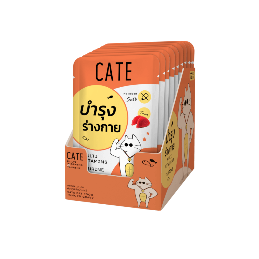 อาหารเปียกแมว CATE รสทูน่า ในน้ำเกรวี่ สูตรบำรุงร่างกาย มี TAURINE (ยกโหล 12 ซอง 70G.)_1