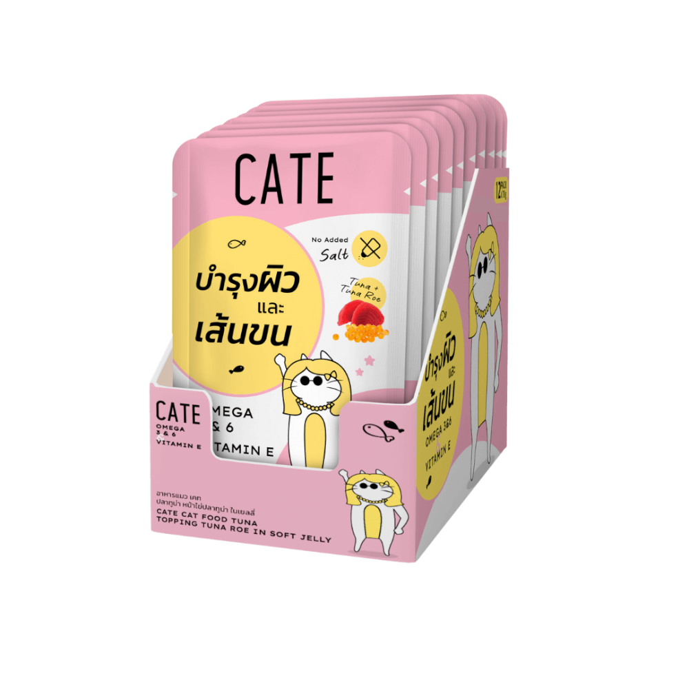 อาหารเปียกแมว CATE รสทูน่าและไข่ปลาทูน่า ในเนื้อซอฟท์เจลลี่ สูตรบำรุงขนและผิวหนัง มี SUNFLOWER OIL (ยกโหล 12 ซอง 70G.)_1
