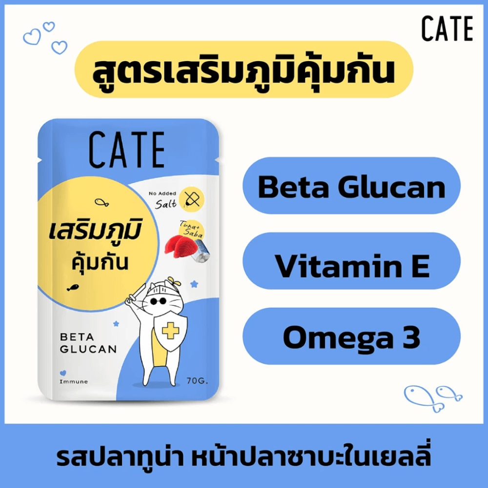อาหารเปียกแมว CATE รสทูน่าและปลาซาบะ ในซอฟท์เจลลี่ สูตรเสริมภูมิคุ้มกัน มี BETA GLUCAN 1 ซอง 70G._3