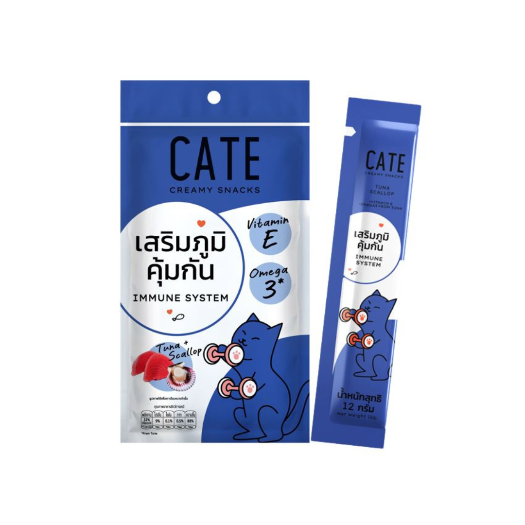 ขนมแมวเลีย CATE รสทูน่าและหอยเชลล์ สูตรเสริมระบบภูมิคุ้มกันผสมวิตามินอี 12 กรัม (1 แพ็ค 4 ชิ้น)