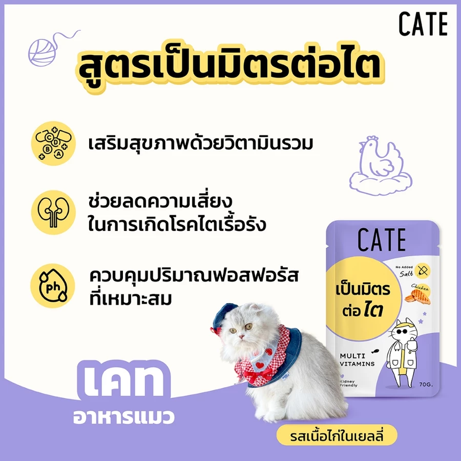 อาหารเปียกแมว CATE รสไก่ ในซอฟท์เจลลี่ สูตรเป็นมิตรต่อไต มีวิตามินรวม 1 ซอง 70G._4