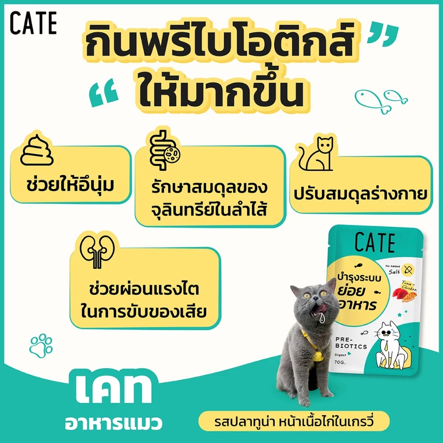 อาหารเปียกแมว CATE รสทูน่าและไก่ ในน้ำเกรวี่ สูตรบำรุงระบบย่อยอาหาร มี PREBIOTICS (ยกลัง 48 ซอง 70G)_5