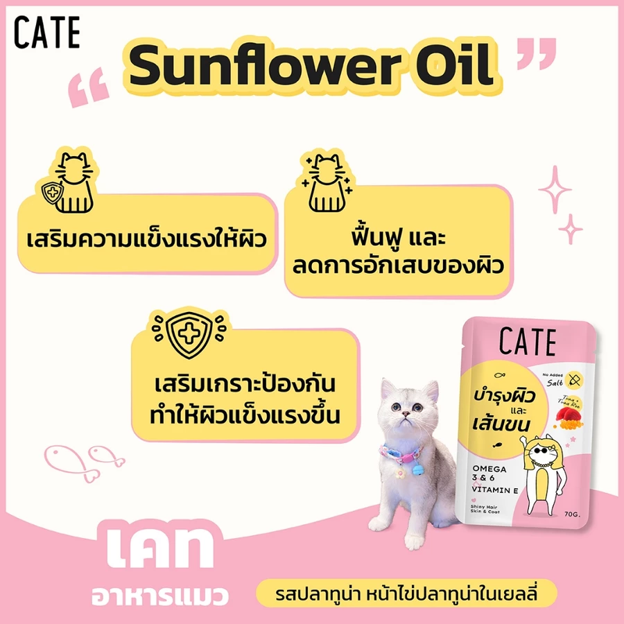 อาหารเปียกแมว CATE รสทูน่าและไข่ปลาทูน่า ในเนื้อซอฟท์เจลลี่ สูตรบำรุงขนและผิวหนัง มี SUNFLOWER OIL (ยกลัง 48 ซอง 70G.)_5