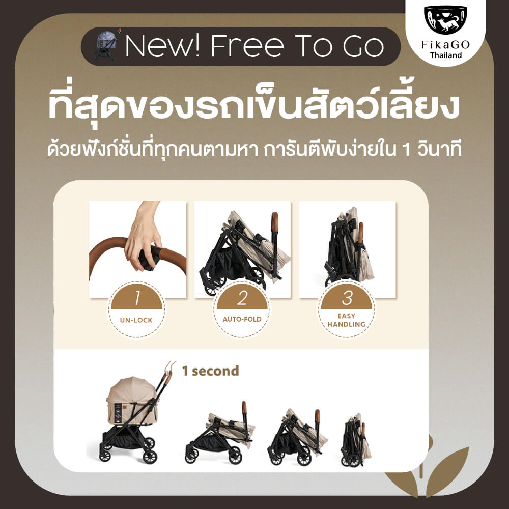รถเข็นสัตว์เลี้ยงพับได้ FIKAGO รุ่น NEW FREE TO GO สีเบจ (รุ่นเบาที่สุด)