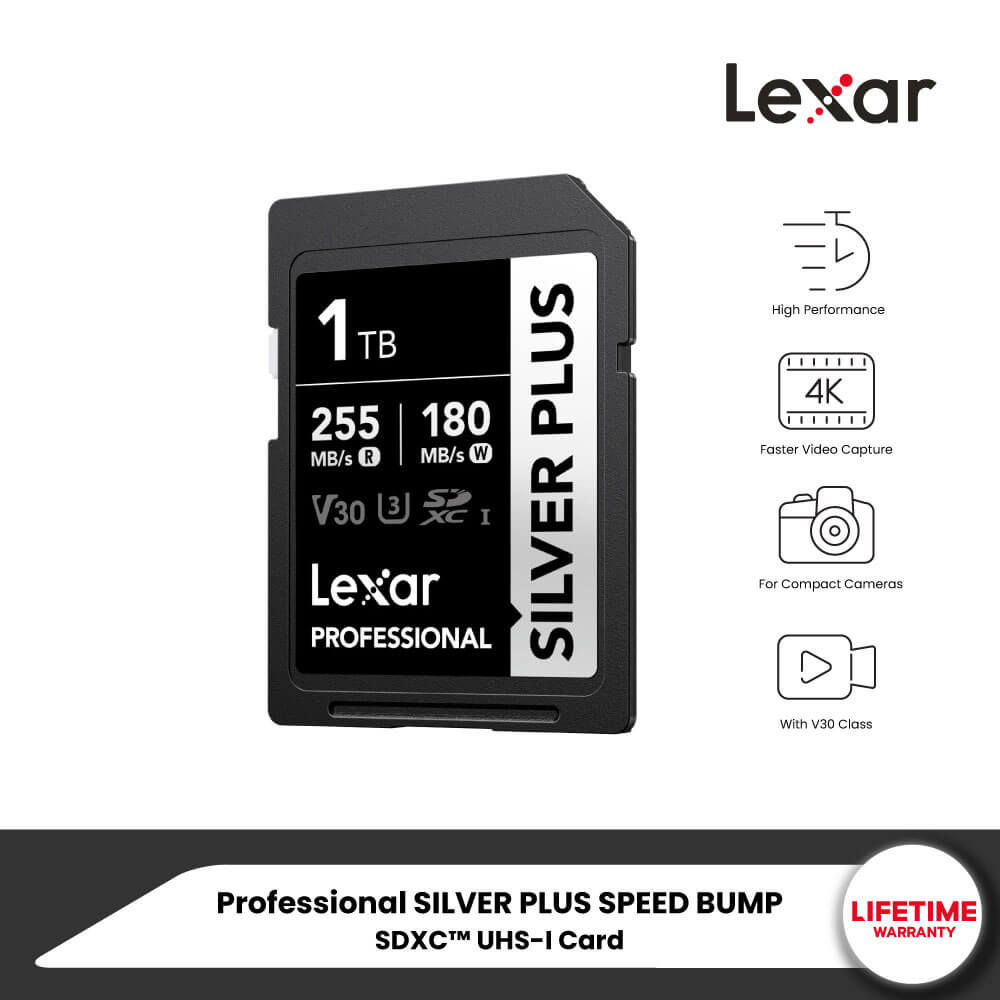 การ์ดหน่วยความจำ เอสดีการ์ด LEXAR SILVER PLUS 1TB UHS-I U3 V30 SD CARD SPEED BUMP FULL-HD 3D 4K RW255/180MB/S (LSDSIPL001T-BNNNG)
