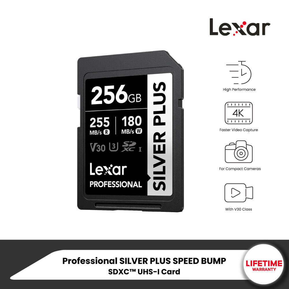 การ์ดหน่วยความจำ เอสดีการ์ด LEXAR SILVER PLUS 256GB UHS-I U3 V30 SD CARD SPEED BUMP FULL-HD 3D 4K RW255/180MB/S (LSDSIPL256G-BNNNG)