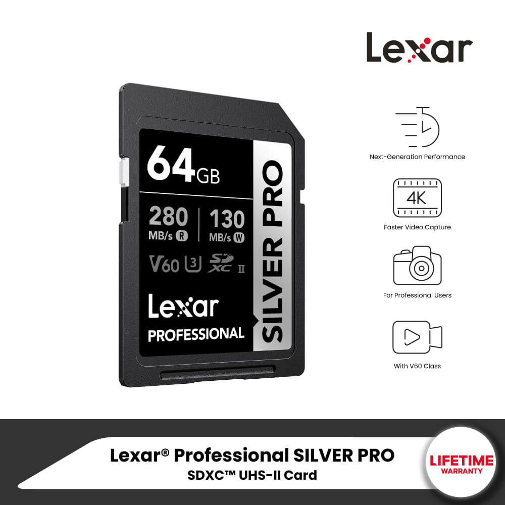 การ์ดหน่วยความจำ เอสดีการ์ด LEXAR SILVER PRO 64GB UHS-II U3 V60 SD CARD FULL-HD 3D 4K RW280/130MB/S (LSDSIPR064G)